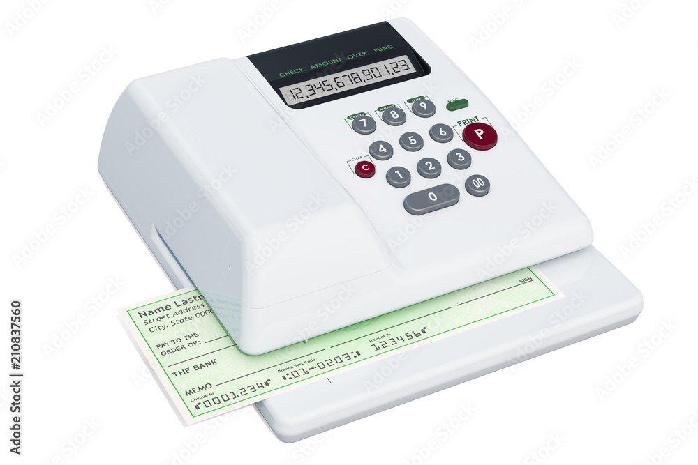 Modern check writer with bank check, 3D rendering Modern check writer with bank check, 3D rendering