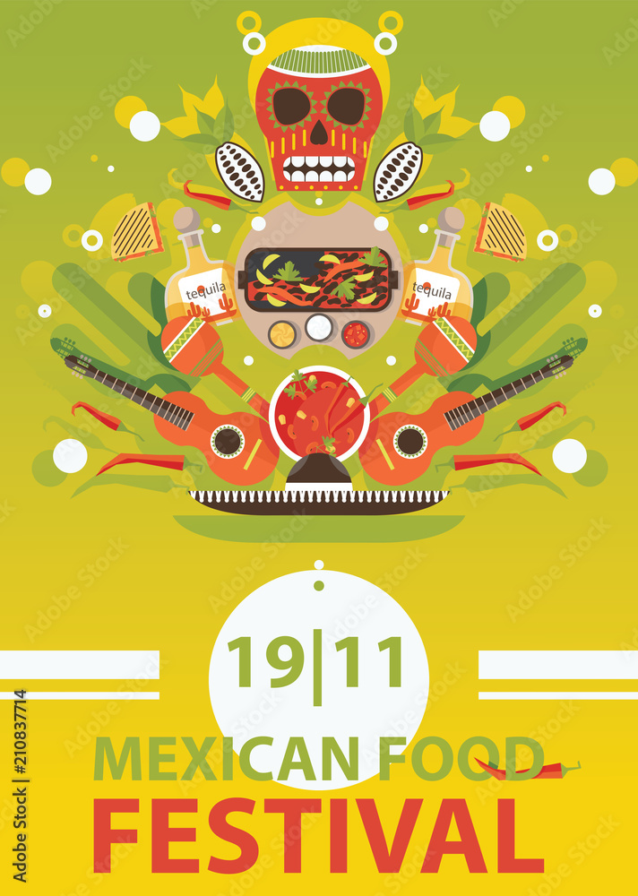 Mexican traditional food festival poster on bright background. Vector illustration with chily pepper, fajita and spicy meals.
