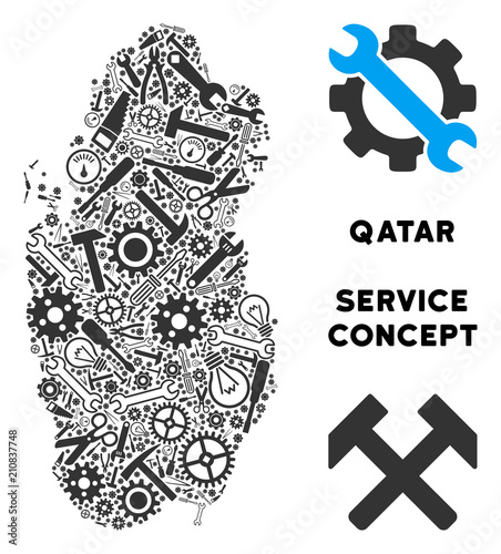 Repair service Qatar map mosaic of instruments. Abstract territorial scheme in gray color. Vector Qatar map is made with gearwheels, wrenches and other mechanical icons. Concept of mechanic service.