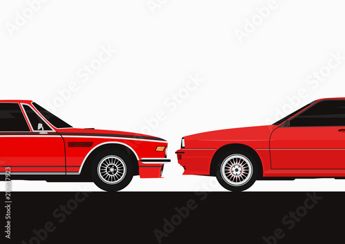 Two cars facing each other. Infographic with two cars. Flat vector.