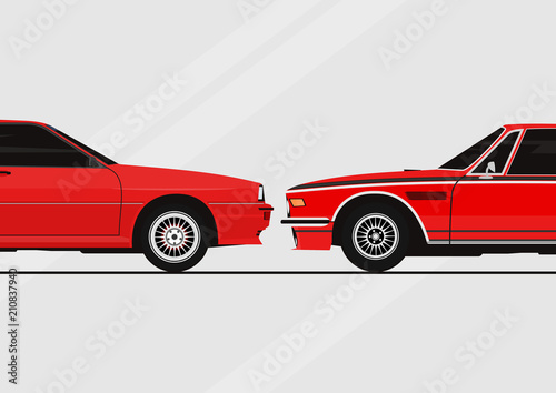 Two cars facing each other. Infographic with two cars. Flat vector.