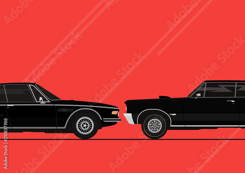 Two cars facing each other. Infographic with two cars. Flat vector.