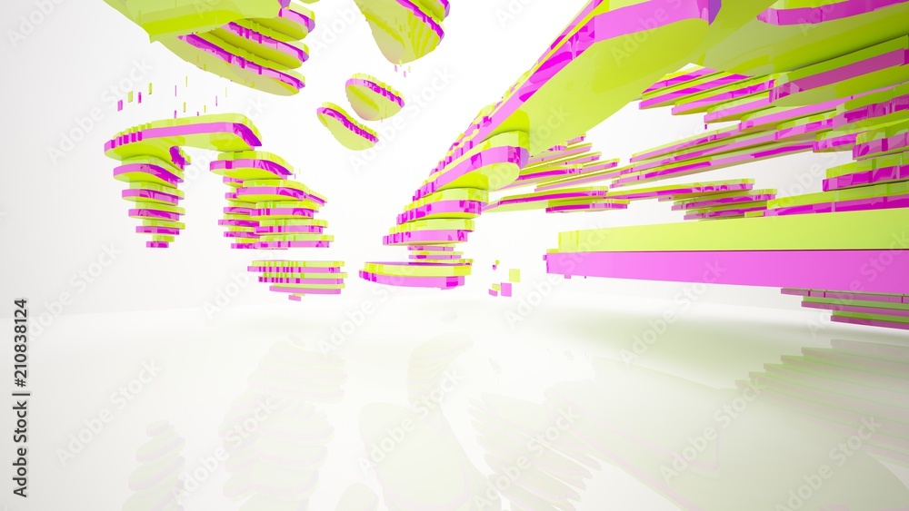 Abstract white and colored gradient  interior multilevel public space with window. 3D illustration and rendering.