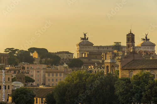 Rome city view at sunset towards the alter of the fatherland building