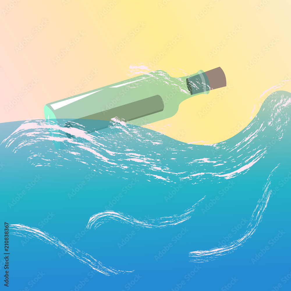 A glass bottle floating in the ocean with a message inside. Vector ...