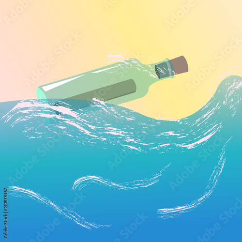 A glass bottle floating in the ocean with a message inside. Vector illustration.