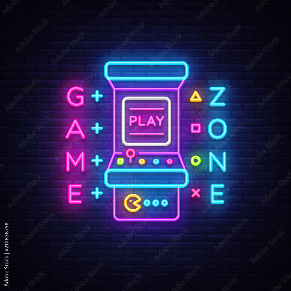 Game Zone Logo Vector Neon. Game Room neon sign board, design template, Gaming industry advertising, Gaming Machine vector, light banner, bright night neon design element. Vector Art