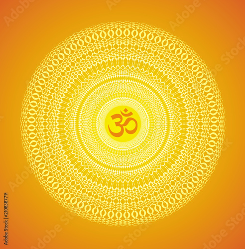 Mandala in yellow and orange tones with the Aum / Om / Ohm sign on a yellow background. Openwork ornament. Vector drawing.