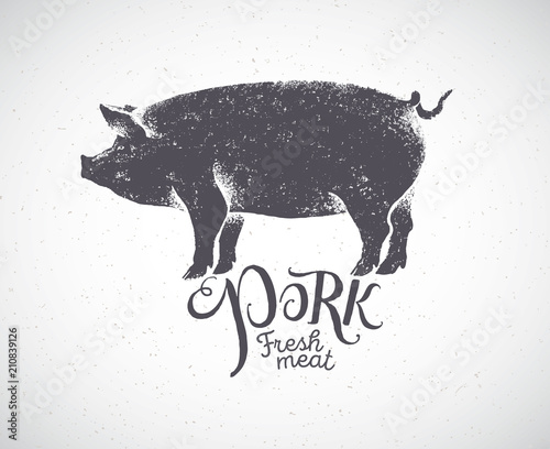 Pig in silhouette style, pork label drawn by hand.