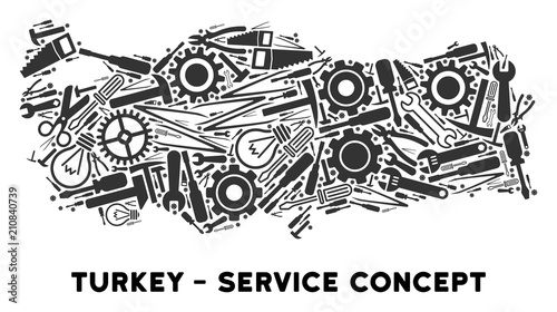 Service Turkey map composition of instruments. Abstract geographic plan in grey color. Vector Turkey map is formed of gearwheels, screwdrivers and other equipment objects.