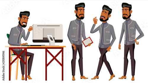 Arab Man Office Worker Vector. Business Set. Traditional Clothes. Arab, Muslim. Emotions, Gestures. Businessman Person. Arabic Front, Side View. Smiling Executive, Workman, Officer. Illustration
