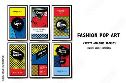 Social media templates Pop Art style and pattern, Fashion promo banners for online shopping with geometric elements, style 80 - 90s, vector illustration.