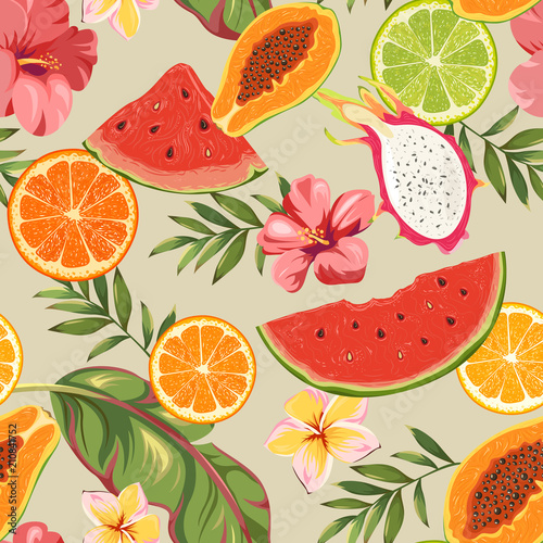 Seamless pattern with fruits and exotic flowers 