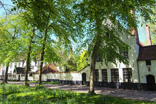 Beautiful traditional houses in the old town of Bruges (dutch: Brugge), Belgium. Spring landscape photo. Selective focus with wide angle lens