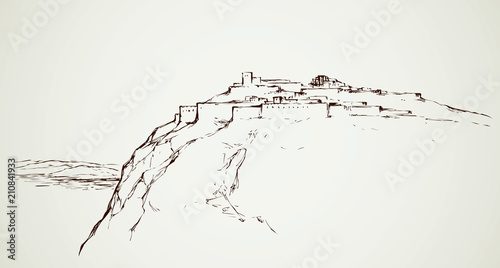 Ancient city on rock. Vector drawing