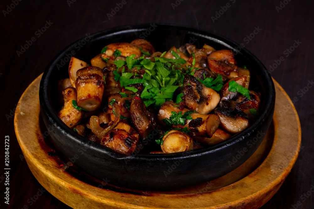 Roasted mushrooms in the pan