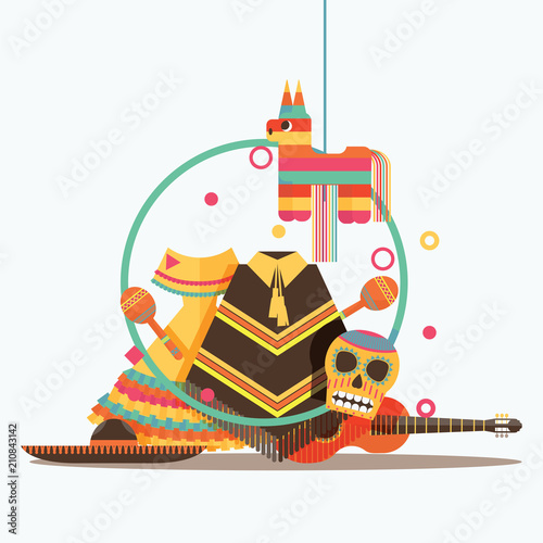 Vector isolated on white composition with mexican goods like sombrero, guitar, pinata, scull, poncho and maracas