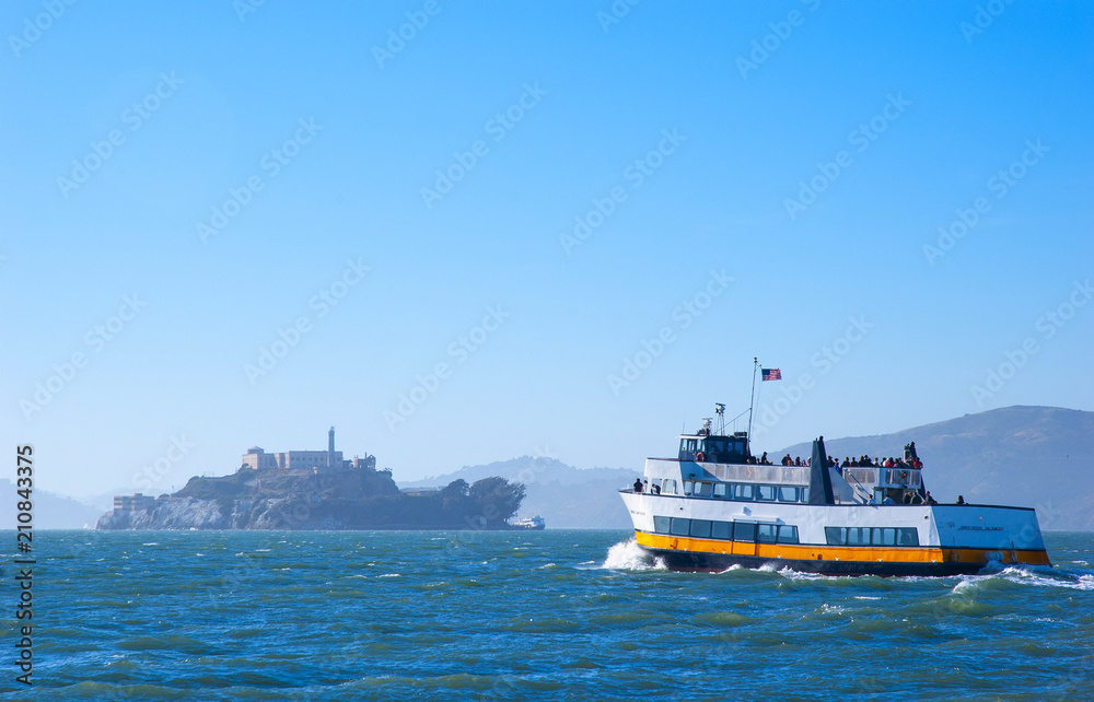 Tourist boat in San Francisco Bay  Alcatraz Island excursion tour