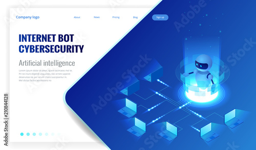 Isometric Internet bot and cybersecurity, artificial intelligence concept. ChatBot free robot virtual assistance of website or mobile applications. Vector illustration