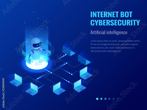 Isometric Internet bot and cybersecurity, artificial intelligence concept. ChatBot free robot virtual assistance of website or mobile applications. Vector illustration