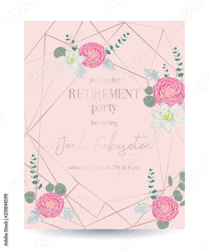 Retirement party invitation. Design template with rose gold polygonal frame and floral elements in watercolor style. Pink camellias, white lily flowers and eucalyptus leaf. Vector illustration