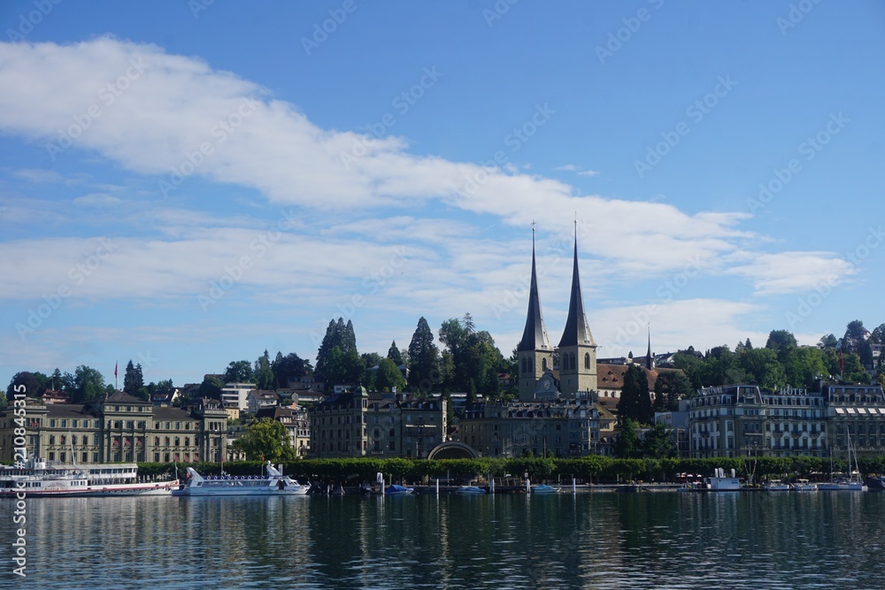 Panoramic view in town in Switzerland lake and church Panoramic view in town in Switzerland lake and church