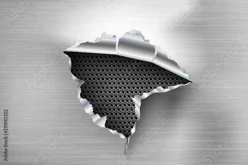 ragged Hole torn in ripped steel on metal