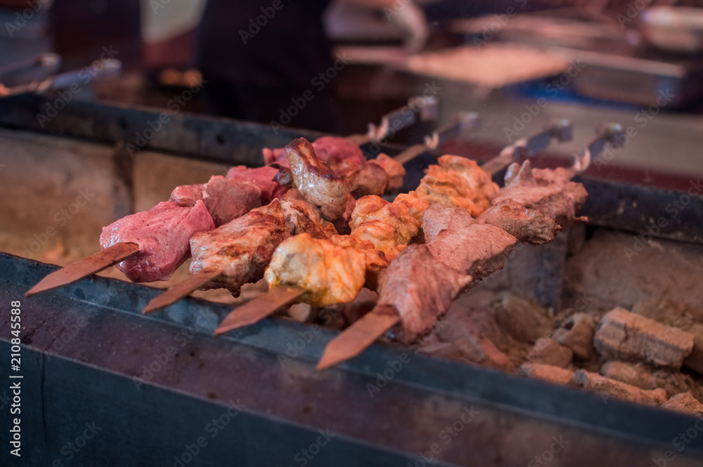 shish kebabs, tasty meat is roasted on coals, grill