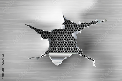 ragged Hole torn in ripped steel on metal