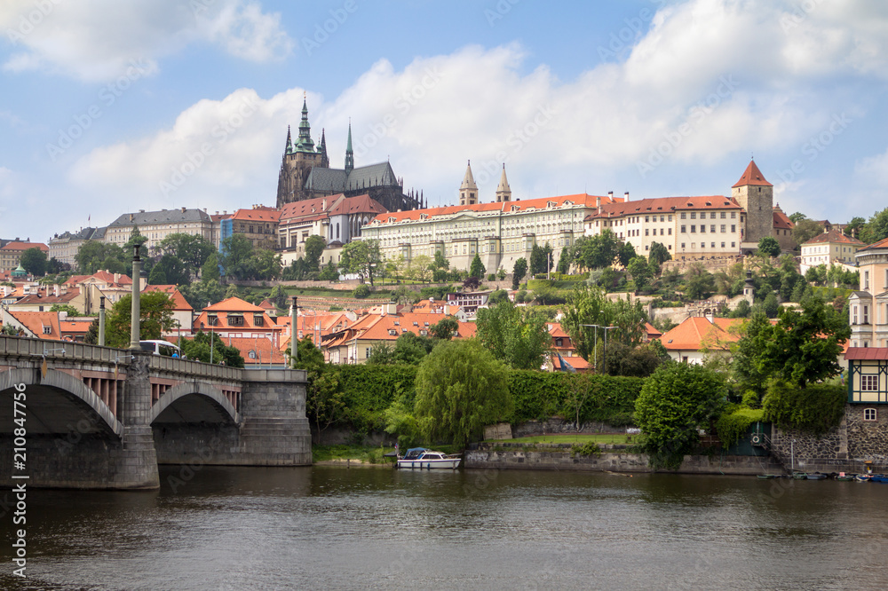 Prague Castle and Charles Bridge in Prague across the river Vltava