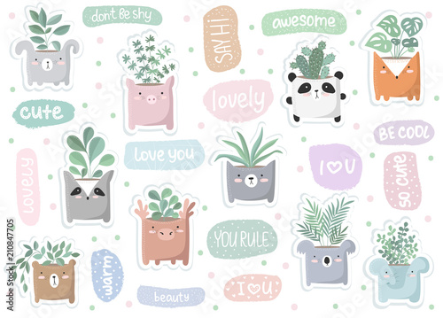 Vector set of cute stickers with house plant in funny animal pot