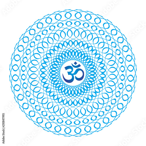 Mandala in blue and turquoise tones with the Aum / Om / Ohm sign. Openwork ornament. Vector drawing.
