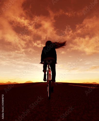 Girl riding bicycle in street outdoors at sunrise or sunset,3d illustration © Joelee Creative
