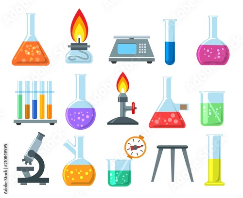 Beakers and burners. Vector beaker and burner set isolated on white background, chemical laboratory glassware