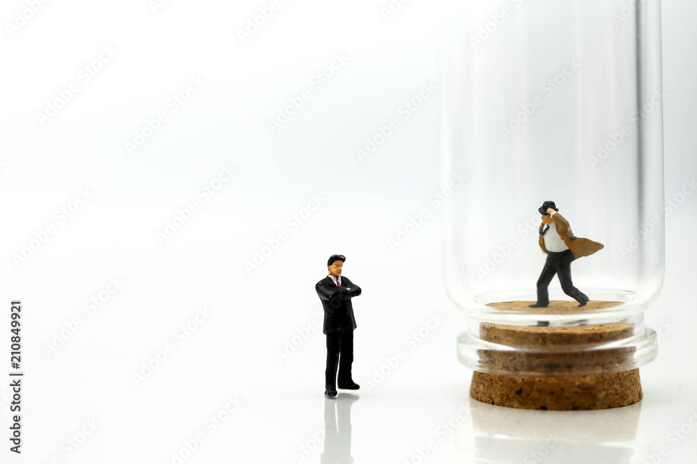 Miniature people : Businessman with friend in bottle,Business competition concept.