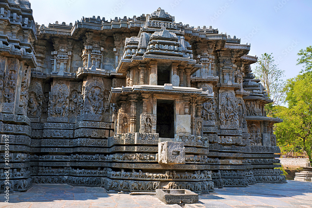 Facade and ornate wall panel relief of the west side, Hoysaleshwara temple, Halebidu, Karnataka, India