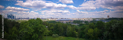 Aerial View to Luzhniki stadium, skyscrapers and historic city of Moscow from the Vorobyovy gory aka Sparrow hills during the FIFA World cup , Moscow, Russia