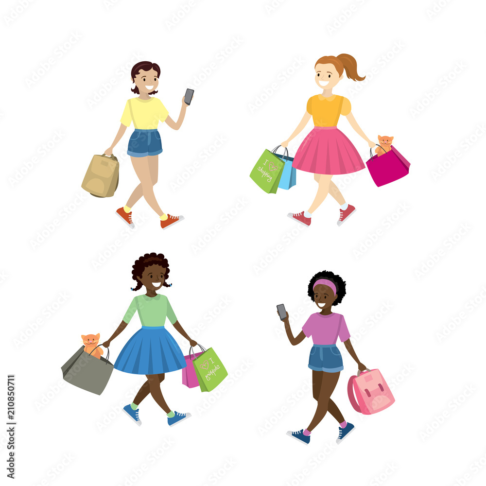 Set of walking girls teenagers,isolated on white background Set of walking girls teenagers,isolated on white background