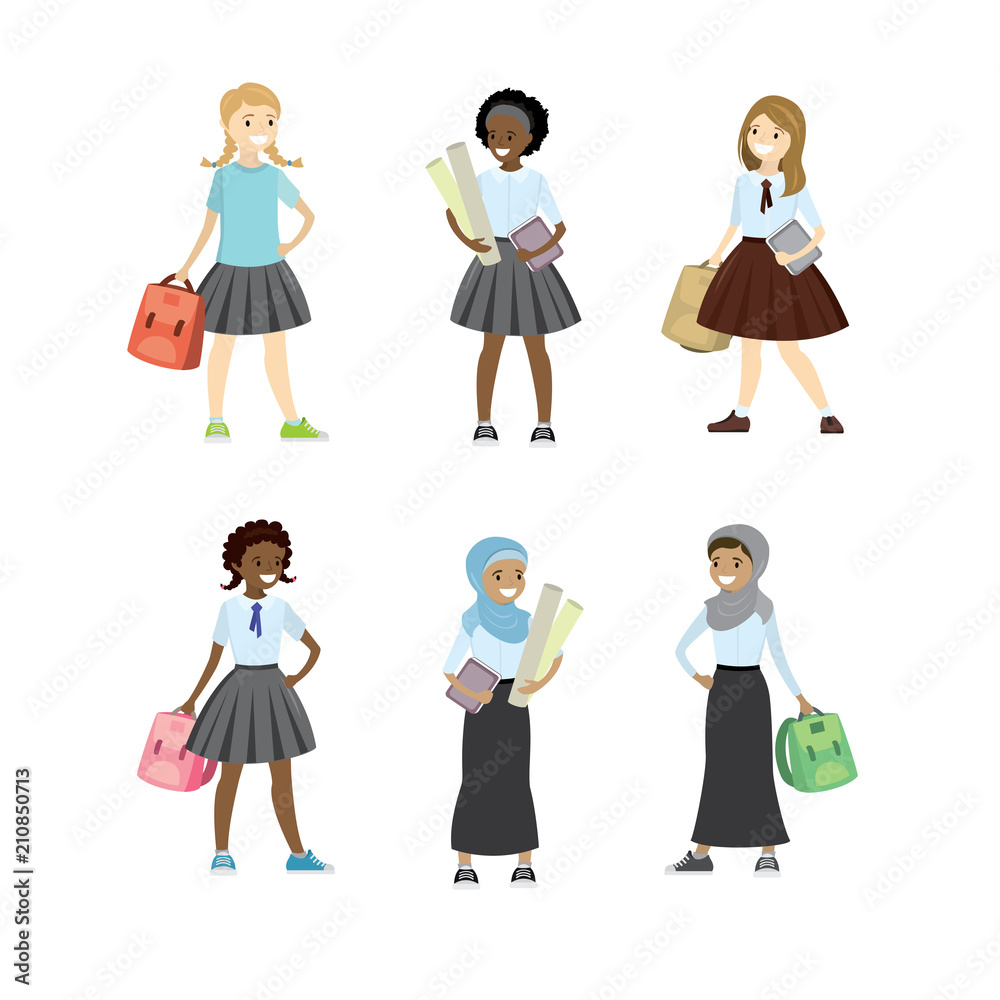 Set of schoolgirls of different nations,isolated on white background Set of schoolgirls of different nations,isolated on white background