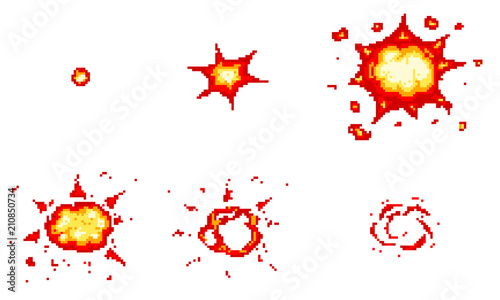 Pixel art explosions. game icons set. Comic boom flame effects for emotion. 8-Bit Vector. Bang burst explode flash nuclear bubble dynamite with smoke. Animation frame. Process steps, Video fire.