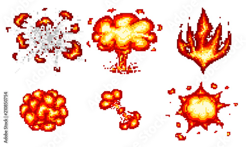 Pixel art explosions. game icons set. Comic boom flame effects for emotion. 8-Bit Vector. Bang burst explode flash nuclear bubble dynamite with smoke. Animation frame. Process steps, Video fire.