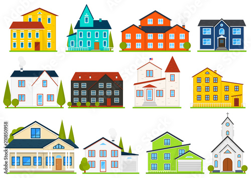 Little cute house or apartments. Family american townhouse. Neighborhood with cozy homes. Traditional Modern cottage for infographics or application interface. Building vector illustration. Flat style