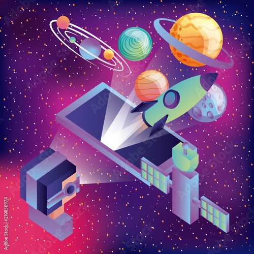 man using glasses of virtual reality rocket satellite solar system
