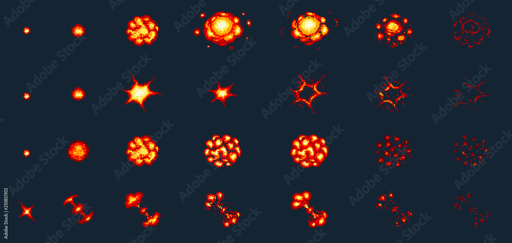 Pixel art explosions. game icons set. Comic boom flame effects for emotion. 8-Bit Vector. Bang burst explode flash nuclear bubble dynamite with smoke. Animation frame. Process steps, Video fire. Pixel art explosions. game icons set. Comic boom flame effects for emotion. 8-Bit Vector. Bang burst explode flash nuclear bubble dynamite with smoke. Animation frame. Process steps, Video fire.