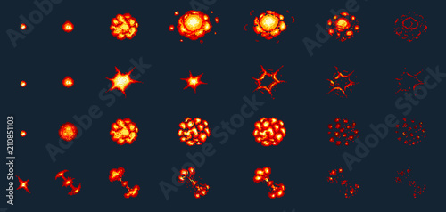 Pixel art explosions. game icons set. Comic boom flame effects for emotion. 8-Bit Vector. Bang burst explode flash nuclear bubble dynamite with smoke. Animation frame. Process steps, Video fire.