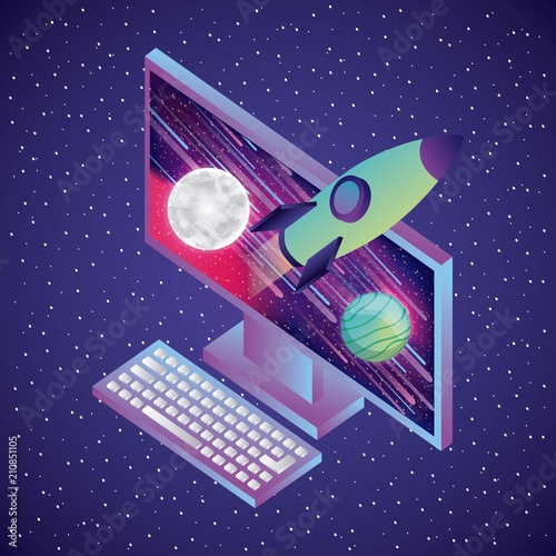 computer rcoket planets starry background virtual reality