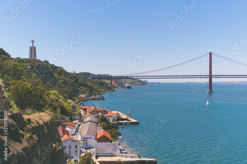 The other side of Lisbon. Almada. View of bridge and river Tejo.  Cacilhas.