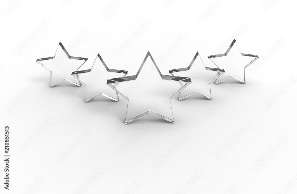 Five glass stars isolated on white background. 3D rendering. Five glass stars isolated on white background. 3D rendering.