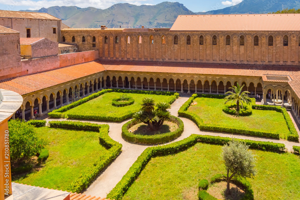 View of the cloister of the Santa Maria Nuova cathedral in the city of Monreale