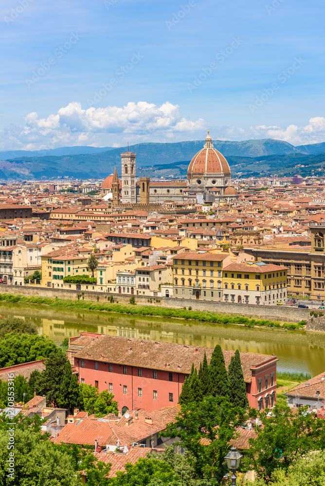 View of Florence from Piazzale Michelangelo - River Arno and Duomo Santa Maria Del Fiore and Bargello - Tuscany, Italy